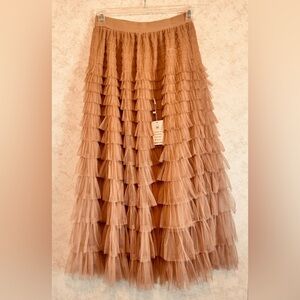 Women's Long Tulle Maxi Skirt A-line Ruffles Pleats Lined Khaki Color Size Mediu